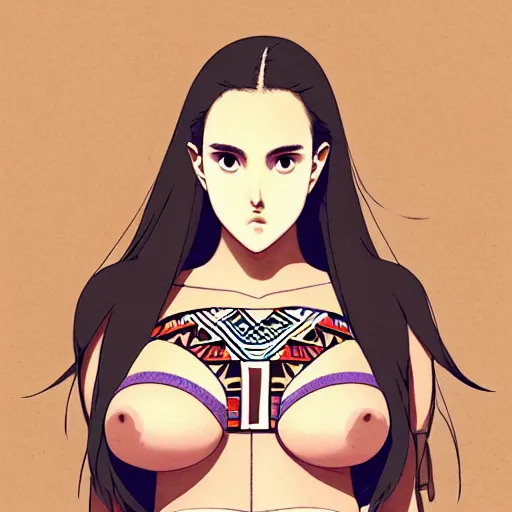 Image similar to a beautiful plus sized model japanese natalie portman, alluring plus sized model with brown skin, wearing mayan leotard with overalls, street fashion hip hop style with mayan patterns, aztec street fashion, gapmoe yandere grimdark, trending on pixiv fanbox, painted by greg rutkowski makoto shinkai takashi takeuchi studio ghibli, akihiko yoshida