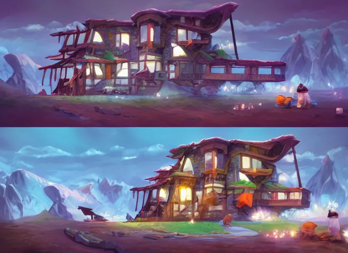 Prompt: in - game screnshot, nintendo 6 4 concept art of a penguin house, artgerm, rutkowski, tooth wu, beeple, and intricate