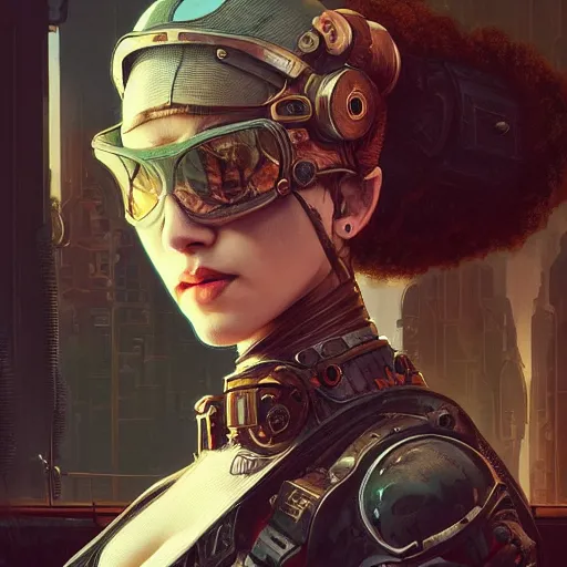 Image similar to character portrait of a retrofuturistic forg, dystopian cyberpunk steampunk soviet mood, intricate, wild, highly detailed, digital painting, artstation, upper body, concept art, smooth, sharp focus, illustration, art by artgerm and greg rutkowski and alphonse mucha