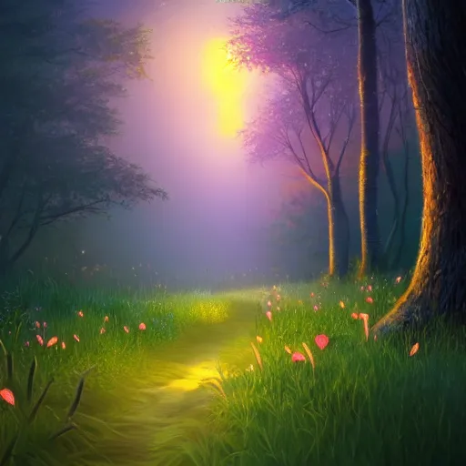 Image similar to fireflies in a forest inspired by Evgeny Lushpin,flower meadow,spring,cinematic,trending on ArtStation