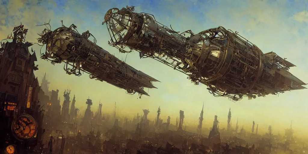 Image similar to a steampunk airship emerges over the horizon of a bladerunner city, artwork by alphonse mucha, darek zabrocki, dramatic lighting, long shadows, brushstrokes, paper texture.