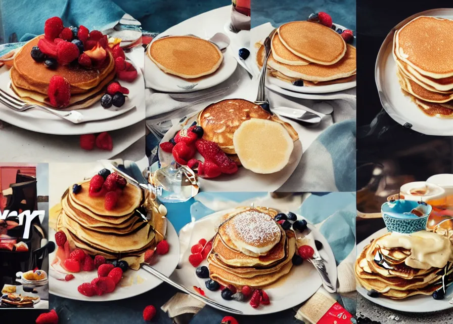 Prompt: pancakes for breakfast, magazine collage