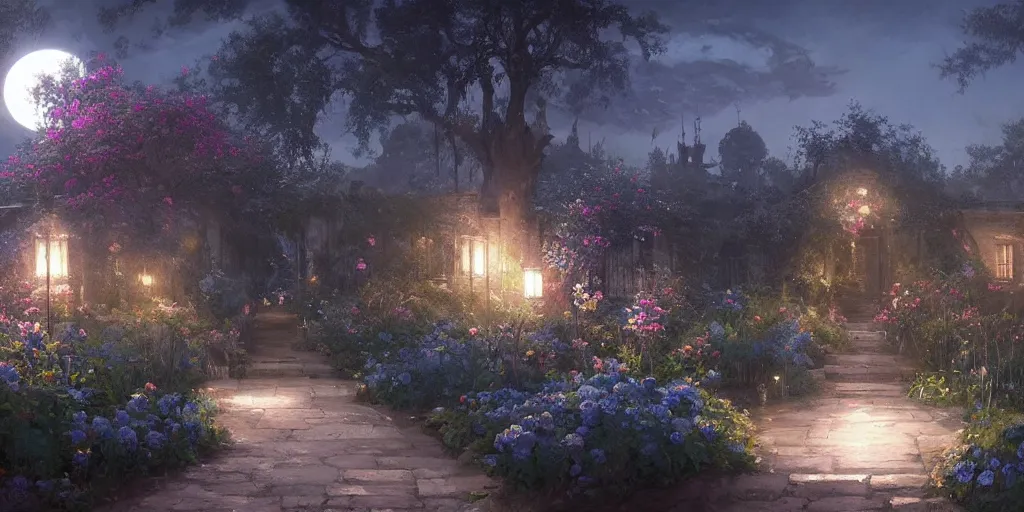 Image similar to a beautiful painting of the blue roses garden and the moon, greg rutkowski style, trending on artstation