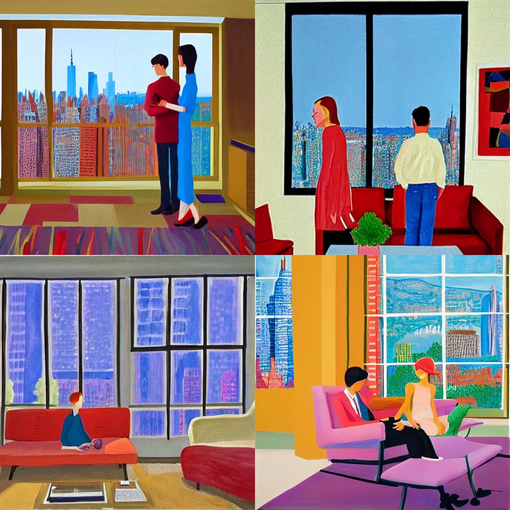 Prompt: painting of young couple in expensive looking apartment with large windows overlooking manhattan, by david hockney, detailed, beautiful