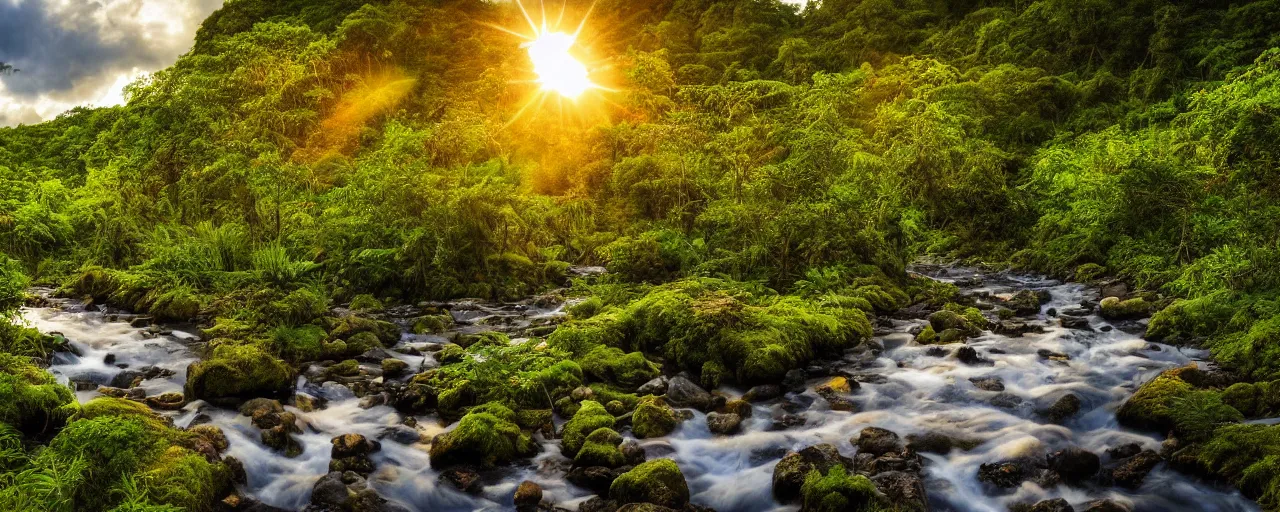 Image similar to River flows through a jungle in the mountains, golden hour, reflections, clouds, flowers, birds, landscape photography, award winning, high detail