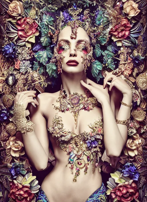 Image similar to expressive full body photo of a female model, ornate headpiece made from flowers, ornaments, glamour shot, by karol bak, by stefan gesell, photorealistic, canon r 3, fashion photography, hyper maximalist, elegant, ornate, luxury, elite, environmental portrait, symmetrical features, octane render, unreal engine, solid dark grey background, dramatic lights