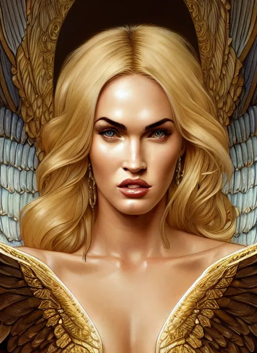 Image similar to portrait of megan fox as an blonde angel, blonde hair, wings, bible, corona, gold, jewelry, intricate, headshot, highly detailed, digital painting, artstation, concept art, sharp focus, cinematic lighting, illustration, art by artgerm and greg rutkowski, alphonse mucha, cgsociety