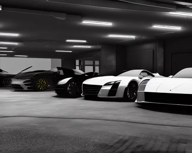 Prompt: luxury car garage, black gold aesthetic, forza horizons 5