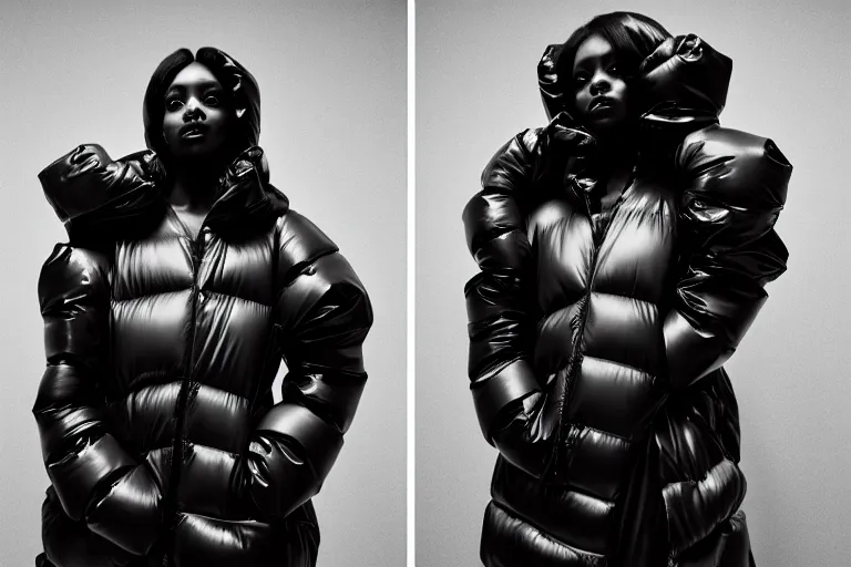 Image similar to well lit fashion shoot portrait of extremely beautiful female marble statue wearing huge over size puffer jacket by rei kawakubo, haute couture, comme de garcon, balenciaga, sharp focus, clear, detailed,, cinematic, detailed, black, glamorous, symmetrical, vogue, editorial, fashion, magazine shoot, glossy