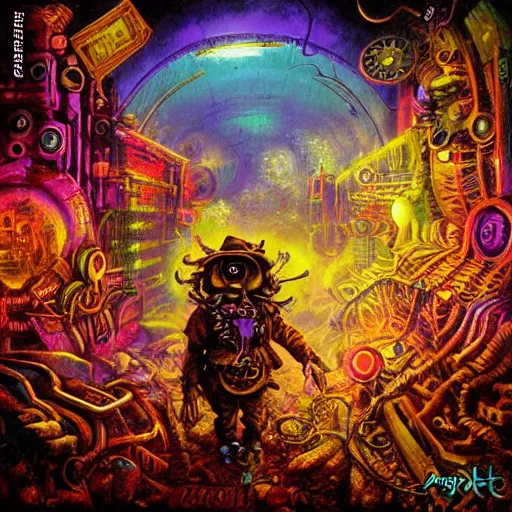 Image similar to steampunk rat, acid, 303, psychedelic, by paul lehr, cd cover for psytrance artist