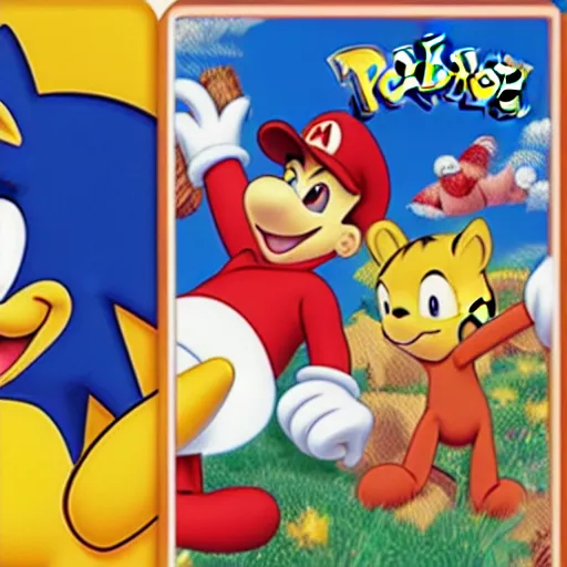 Image similar to photograph of winnie the pooh and super mario and sonic the hedgehog anime style, on pokemon card packs at target