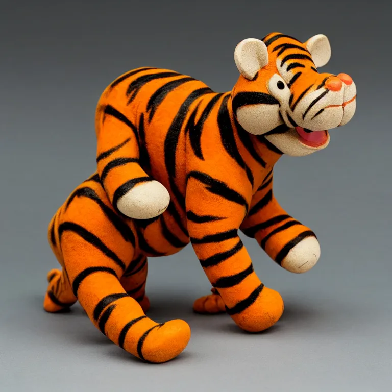 Image similar to tigger figurine, 1 9 6 0 s, realistic, dslr photo, product shot