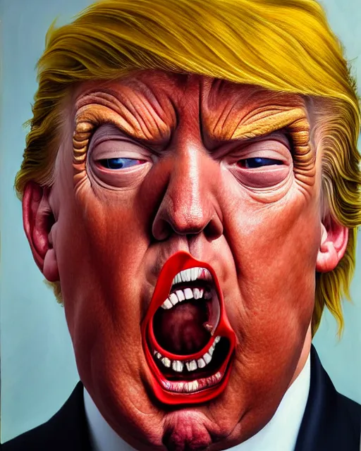 Image similar to a overhead close up portrait of Cyclops Donald Trump with an angry expression, facing front, looking up, by Lucian Freud and Jenny Saville, oil painting, anatomically correct, beautiful perfect face, sharp focus, Highly Detailed, Cinematic Lighting, 8k, HD