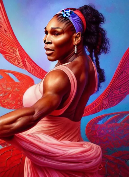 Image similar to serena williams as nike godess of victory, wings, wax figure, glowing eyes, volumetric lights, red and cyan theme, art nouveau botanicals, intricate, highly detailed, digital painting, artstation, concept art, smooth, sharp focus, cinematic, illustration, beautiful face, art by artgerm and greg rutkowski and alphonse mucha