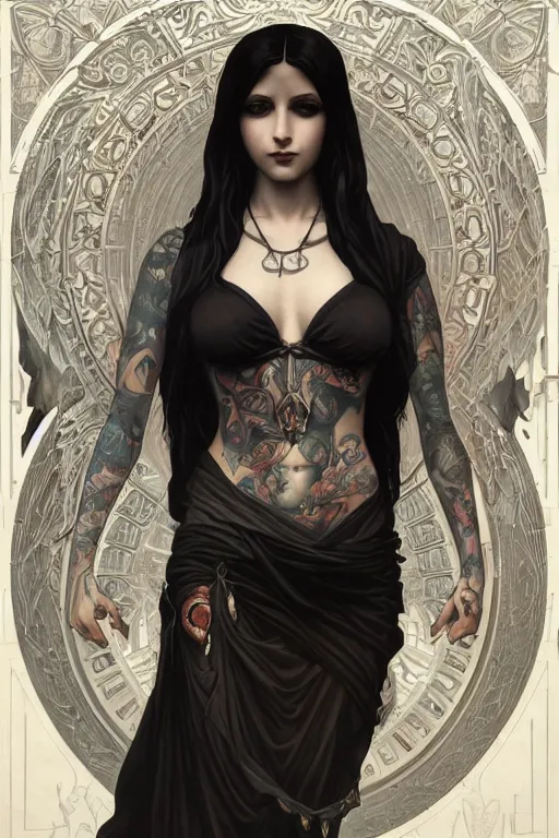 Prompt: goth girl with tattoos, symmetric, elegant, highly detailed, digital painting, artstation, concept art, smooth, sharp focus, illustration, art by artgerm and greg rutkowski and alphonse mucha and william-adolphe bouguereau