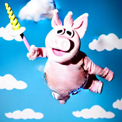 Image similar to studio photograph of a flying pig with unicorn horn depicted as a muppet in a blue sky with cotton ball clouds