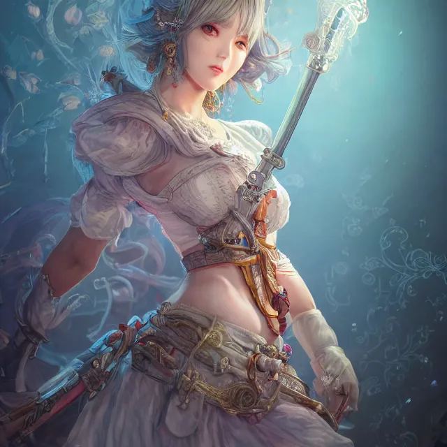 Image similar to studio portrait of neutral good colorful female cleric bard healer as absurdly beautiful, elegant, young skinny gravure idol, an ultrafine hyperdetailed illustration by kim jung gi, irakli nadar, intricate linework, sharp focus, bright colors, octopath traveler, final fantasy, unreal engine 5 highly rendered, global illumination, radiant light, detailed and intricate environment