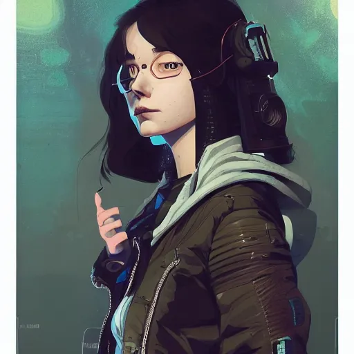 Image similar to Highly detailed portrait of a cyberpunk young lady with, freckles and wavy hair by Atey Ghailan, by Loish, by Bryan Lee O'Malley, by Cliff Chiang, by Greg Rutkowski, inspired by image comics, inspired by graphic novel cover art, inspired by nier!! Gradient color scheme ((grafitti tag brick wall background)), trending on artstation