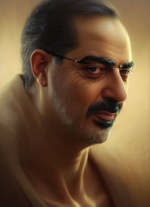 Image similar to closeup portrait shot of rafic hariri, intricate, elegant, highly detailed, centered, digital painting, artstation, concept art, smooth, sharp focus, illustration, artgerm, tomasz alen kopera, peter mohrbacher, donato giancola, joseph christian leyendecker, wlop, boris vallejo