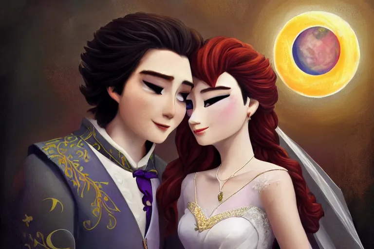 Image similar to a cinematic portrait of wedding photograph jpeg close up moment of a divine a japan sun god and moon goddess lovers magician at a wedding banquet. portraiture. digital painting. artstation. concept art. wedding photo. illustration. frozen ii art masterpiece by art by krenz cushart