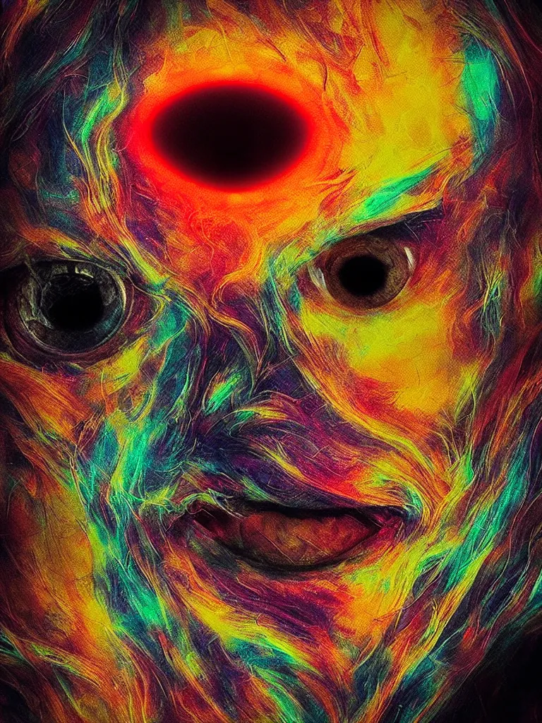 Prompt: “ a hyper real close up of a face with a third eye cyclops and an open mouth, a scorpio on the forehead, ethereal light, gaze, vivid color ”