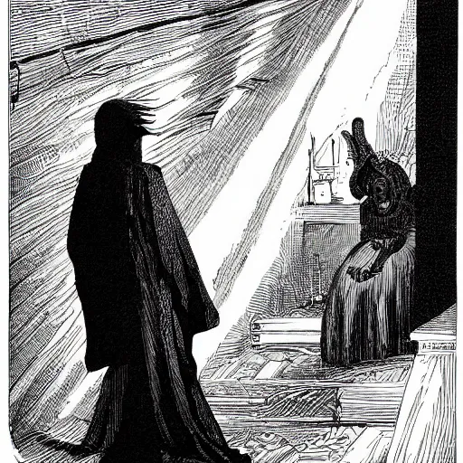Prompt: warlock in the attic, comic art, victorian illustration, black and white