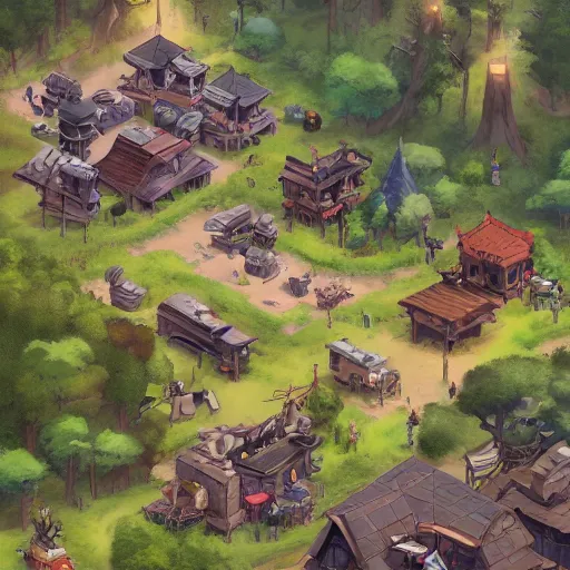 Prompt: an isometric rpg town surrouned by forest by Stanley Artgerm Lau, game pack, assets, WLOP, Rossdraws, James Jean, Andrei Riabovitchev, Marc Simonetti, and Sakimichan, trending on artstation , assets, HD , strong contrast