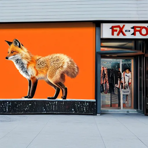 Image similar to a shopping mall picture outside of a fox-themed clothing store vendor, designed after foxes, Fox design patterns on the orange wall, realistic photo