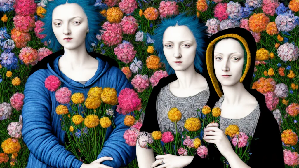 Image similar to photo-realistic portrait of two women with neon blue hair, wearing black hoodies, standing in a garden full of flowers, intricate details, in a renaissance style, black background