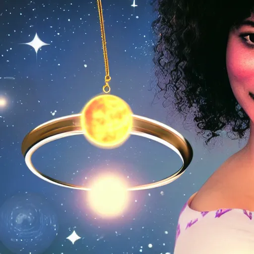 Image similar to a closeup of a woman wearing a neckless on the neck with a glowing planet Saturn as the pendant, the rings are glowing around the planet, the woman's hand reaching for the pendant, in the style of toy story Pixar movie