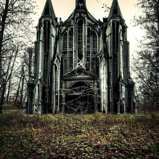 Prompt: abandoned evil cathedral in a haunted forest depth of field