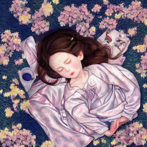 Prompt: little girl in pajama sleeping. digital artwork by ayami kojima, inspired by pixar movies and balthus, highly detailed, realistic