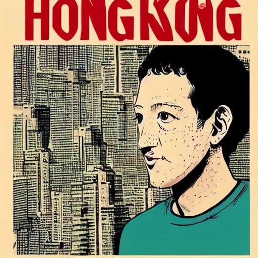 Prompt: glossy old advertising poster, mark zuckerberg walking through crowded hong kong street, vendors, drawn comic by junji ito, pastels, gradient