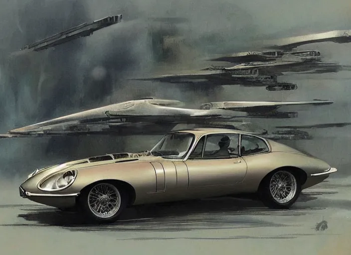 Prompt: ( ( ( ( ( jaguar e - type car, car concept art, sci - fi illustration, painting, in the style of star wars ) ) ) ) ) by vincent di fate and john berkey and blade runner 2 0 4 9!!!!!!!