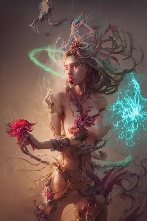 Image similar to beautiful girl necromancer, witch - doctor exploding into flowers, angels, 3 d render, hyper - realistic detailed portrait, holding fire and electricity, ruan jia, wlop. scifi, fantasy, magic the gathering, hyper detailed, octane render, concept art, peter mohrbacher