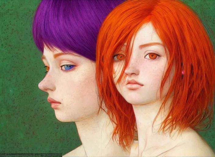 Image similar to portrait Girl with orange hair and freckles, green eyes fine face pretty face, realistic shaded Perfect face, purple background, fine details , fine details. Anime, by Ilya Kuvshinov and Gustav Klimt