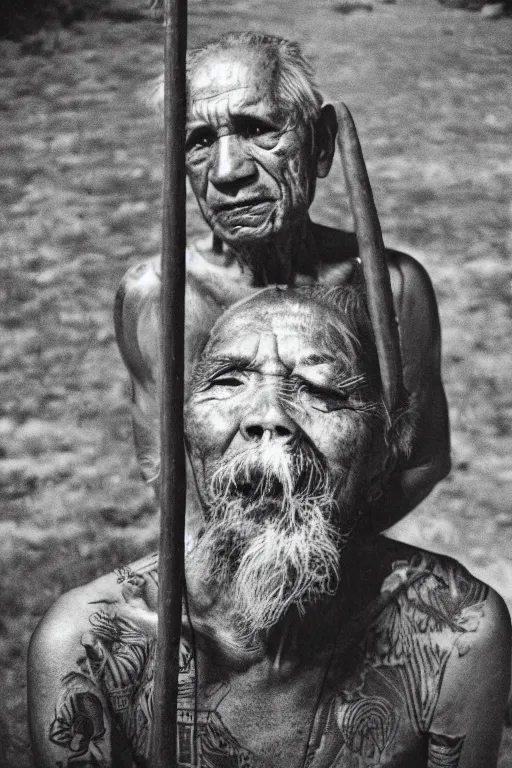 Prompt: one old indigenous man with micron pen ink tattoos stares at the camera, night sky, stars, bruce gilden, leica s, fuji 8 0 0, grainy, low light