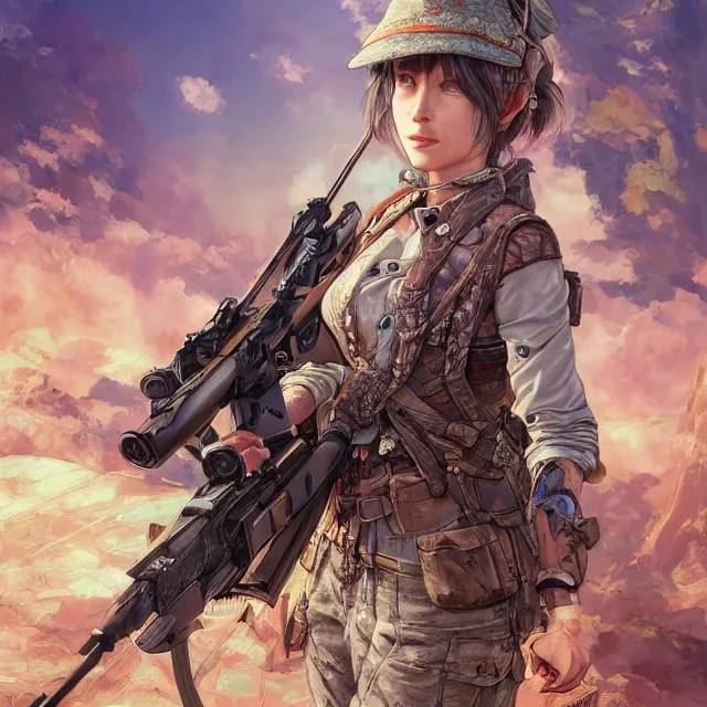 Image similar to the portrait of lawful neutral semi - colorful female infantry sniper as absurdly beautiful, gorgeous, elegant, young woman looking up, an ultrafine hyperdetailed illustration by kim jung gi, irakli nadar, intricate linework, bright colors, octopath traveler, final fantasy, unreal engine 5 highly rendered, global illumination, radiant light, detailed and intricate environment