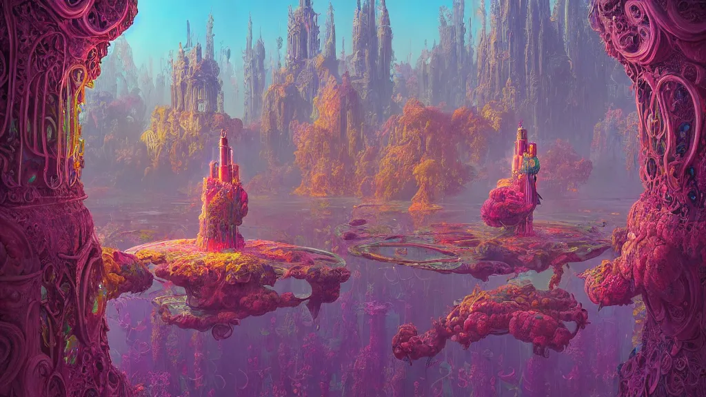 Image similar to ornate woman of iridescent liquid, alchemy, intricate, bloom, detailed, volumetric lighting, sharp focus, photorealism, digital painting, highly detailed, concept art, by roger dean and simon stalenhag and mark brooks