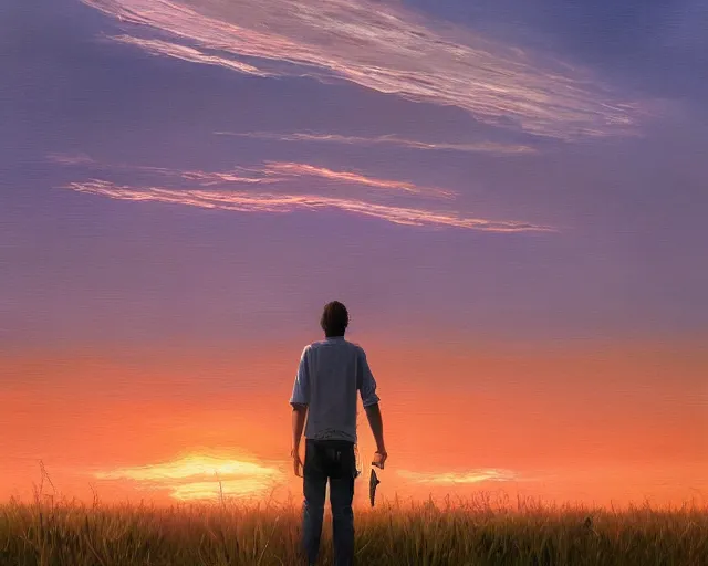 Image similar to a painting of a man standing in a field at sunset, a detailed matte painting by makoto shinkai, cgsociety, neo - primitivism, anamorphic lens flare, matte painting, global illumination