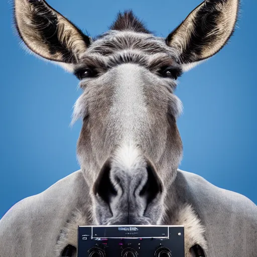 Image similar to A portrait of a DJ donkey, 8k, hyper-detailed, studio lighting