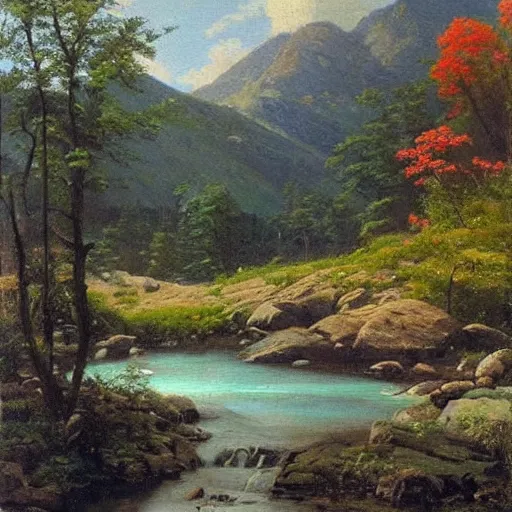 Prompt: beautiful natural spring in the mountains, idyll, wild nature, hudson river school painting, naturalism