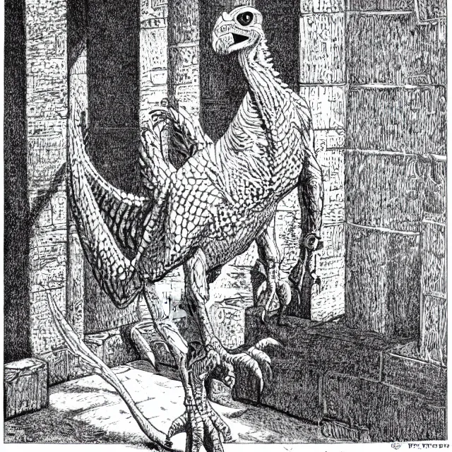 Prompt: a feathered velociraptor, full body, in a castle courtyard, pen-and-ink illustration, etching, by Russ Nicholson, DAvid A Trampier, larry elmore, 1981, HQ scan, intricate details