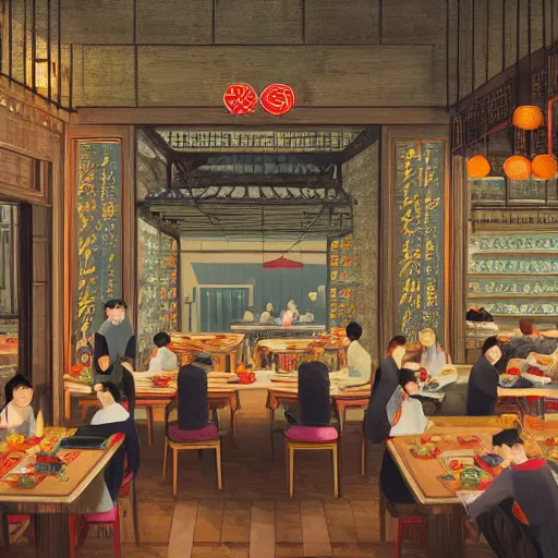 Image similar to a beautiful hyperdetailed interior 4 k hd wallpaper illustration of roasted string hotpot restaurant restaurant yan'an, corner, simple style, wall painting, from china, with merchant logo, people are eating kebabs, fine delicate structure, surrealistic, chinese style, victo ngai