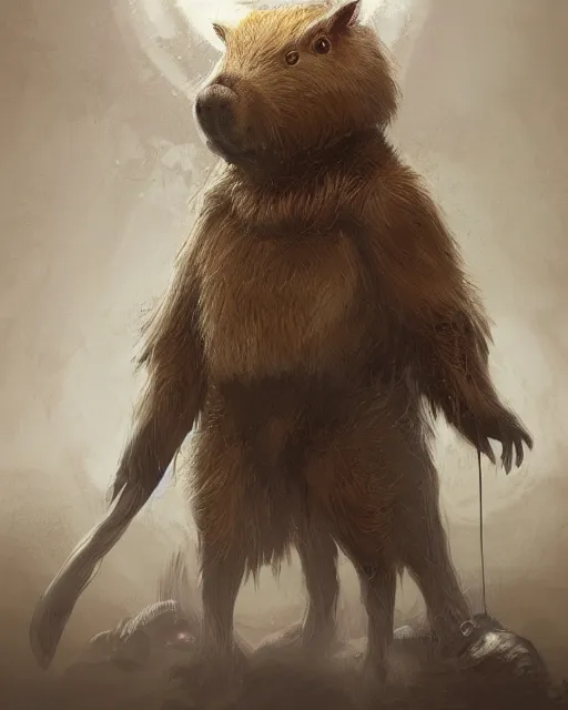 Image similar to Capybara Shapeshifter Druid Mage, D&D, artstation, fantasy, magic the gathering artwork, cinematic lighting, centered, symmetrical, highly detailed, digital painting, , concept art, smooth, sharp focus, illustration, volumetric lighting, epic Composition, 8k, art by Akihiko Yoshida and Greg Rutkowski and Craig Mullins, oil painting, cgsociety