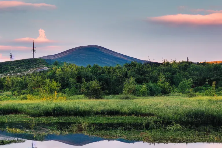 Image similar to a hill with a radio tower next to a pond, hills in background. telephoto lens photography.