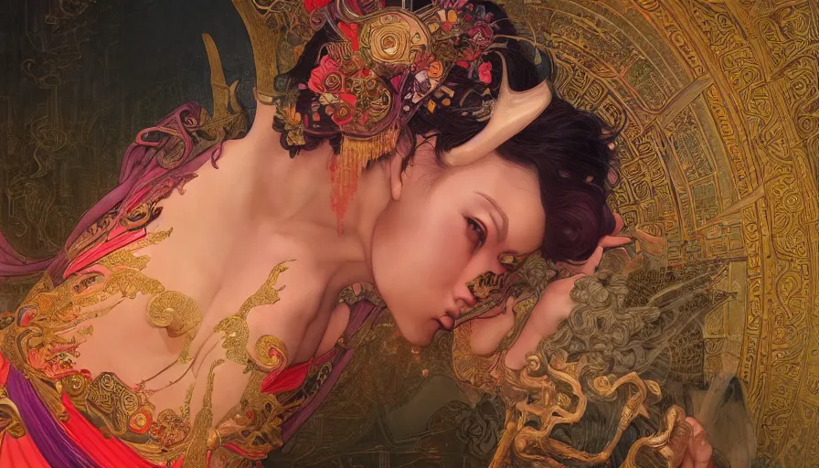 Image similar to mythology, neon, Female Ancient China Dance, queen, academic Reference Pictures artstation, fibonacci, sweat drops, insane, pinup, intricate, highly detailed, digital painting, artstation, concept art, smooth, sharp focus, illustration, Unreal Engine 5, 8K, art by artgerm and greg rutkowski and alphonse mucha