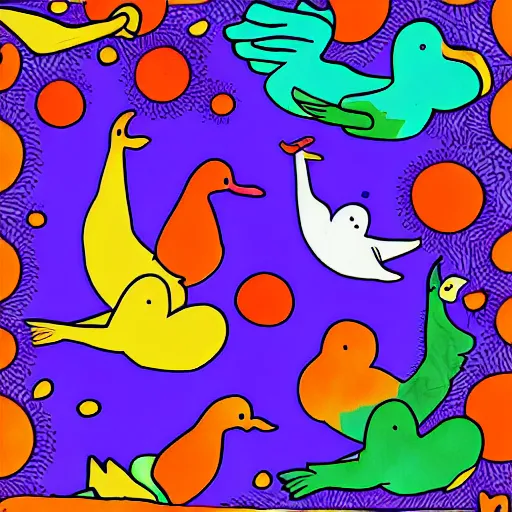 Image similar to psychedelic trippy dreamy featuring too many ducks, artwork in the style of Paprika