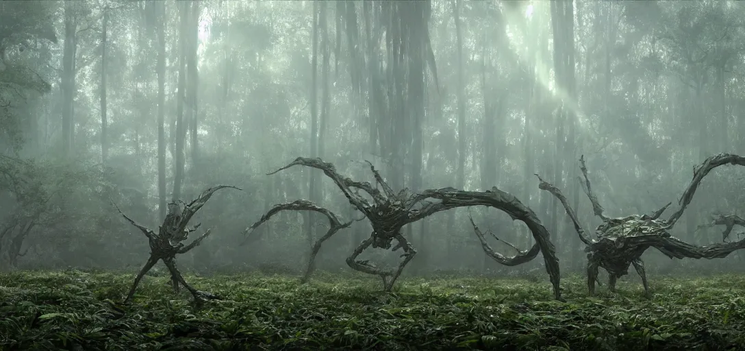 Image similar to a complex organic fractal 3 d metallic symbiotic ceramic humanoid megastructure creature in a swampy lush forest, foggy, cinematic shot, photo still from movie by denis villeneuve, wayne barlowe, sun rays