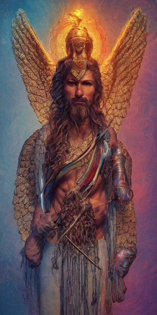 Image similar to Portrait of enki sumerian god, holding a strobilus in his left hand and wings. illustration, by James Jean, artgerm, octane render, by John Coltrane and Marc Simonetti, Manic, inspired by Greg rutkowski, colorful, high detail of the face, full body